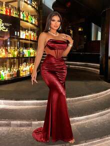 CHOSMO Đầm dạ hội maxi dáng đuôi cá màu đỏ satin, phối lưới, xẻ tà bên hông, eo cao, hở lưng, khóa kéo, thích hợp cho buổi hẹn hò, dự tiệc cưới thanh lịch, hoặc ngày lễ tình nhân mùa xuân. - Đỏ - Xem 2