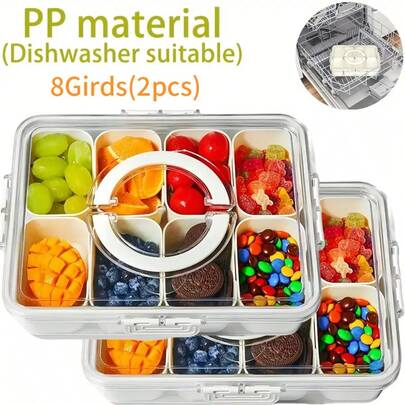 Adult & Kids Snack Box, Suitable For Christmas, Halloween, Valentine's Day, Layered Plastic Divided Tray With Lid To Store Food, Can Hold Candy, Fruit, Snacks, Nuts, PP Handheld 8-Compartment Storage Box
