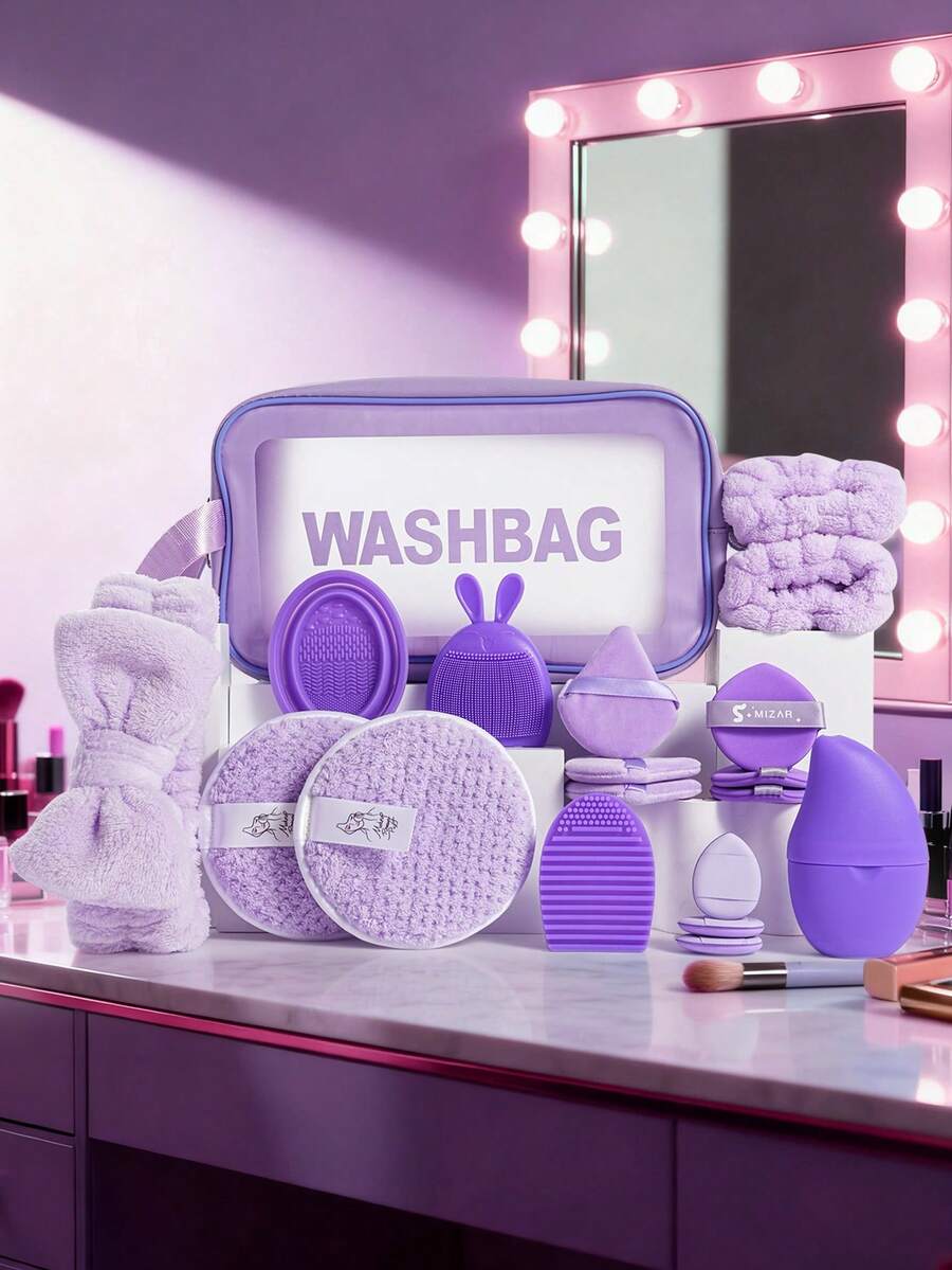 19pcs Makeup Brush Set, Including: 1 Multi-Functional Zipper Waterproof Makeup Bag + 3 Triangle Makeup Sponges + 3 Mini Air Cushion Makeup Sponges + 1 Hair Tie + 2 Bowl Hanging Ropes + 2 Cleansing Sponges + 2 Makeup Brush Cleaning Tools + 1 Face Ice Pack + 1 Silicone Soft Hair Brush + 3 Air Cushion Makeup Sponges - Purple - View 1