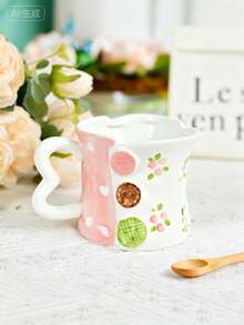 1 Stück kreative handbemalte Blumen- & Schleifen-Keramiktasse mit herzförmigem Henkel - Verschiedenfarbig - Übersicht 3