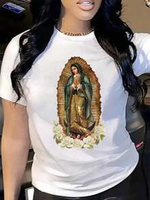 Camiseta mujer casual estampado Virgen de Guadalupe flores colores oscuros holgada cuello redondo manga corta primavera verano diaria - Blanco - Ver 11