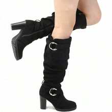 PENNYSUE Women's Knee High Boots, Fashion Chunky Block Heel Warm Winter Boots With Side Zipper For Office And Casual Wear - Da lộn màu đen - Xem 2
