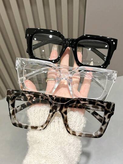3pcs/1pc Women Plastic Wide Edged Square Cheetah Print Frame Flat Lens All-Match Hot Girl Style Elegant Clear Glasses Combination For Street Snap,Driving,Daily Life,Holiday Gift,Back-To-School Essentials Futuristic Glasses Fashion Accessories