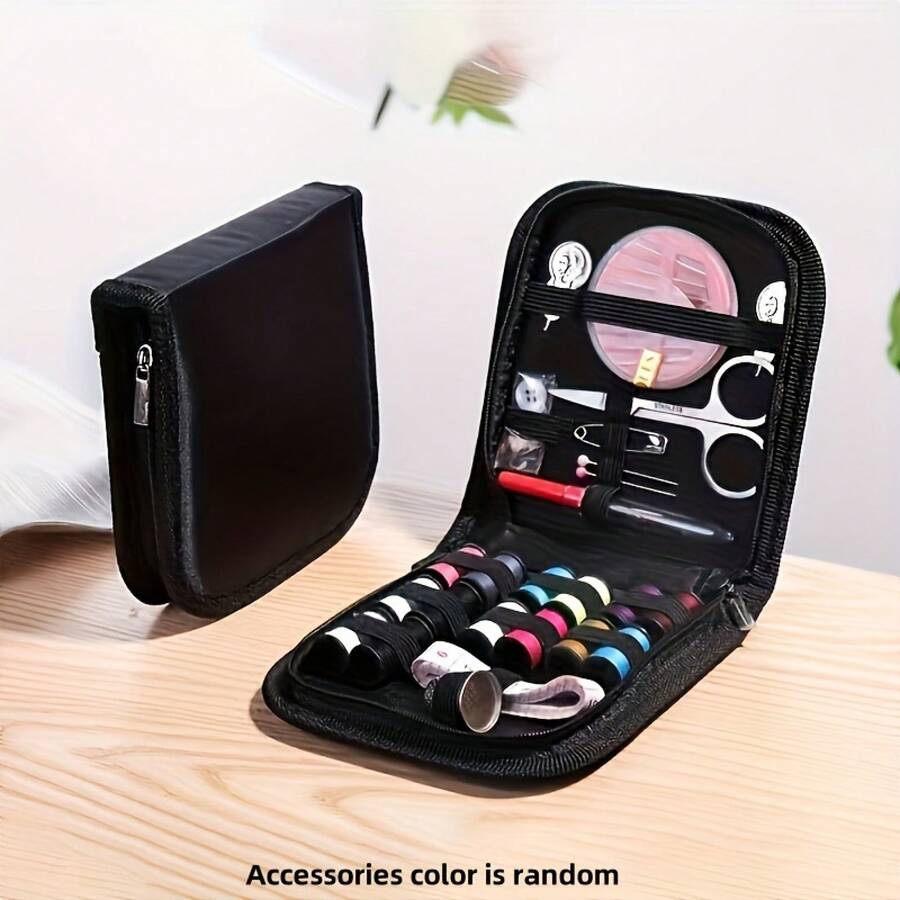 Portable Mini Sewing Kit, Including Scissors, Thread, Needle, Thimble, Tape Measure, Etc. - Essential Portable Travel Sewing Supplies For Quick Repairs And Daily Use, Multi-Color Canvas Case - Black Suit - View 1