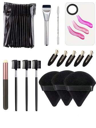 65件套包含：50把一次性眉梳、1把粉底刷、1个调色盘、1把唇刷、3把双头眉梳、5个黑色隐形发夹、3个三角植绒粉扑、便携式多功能双头眉刷/梳子、化妆海绵、粉扑、遮瑕刷、眉刷、眼影刷、螺旋刷、螺旋刷
