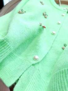 Cute Embroidered Cherry & Pearl Knit Cardigan For Women, Versatile Design, Autumn/Winter - Mint Green - View 5