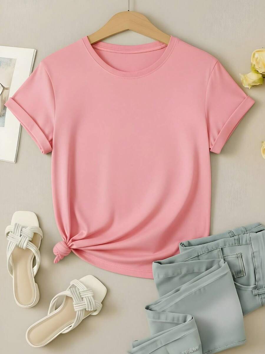 Women's Plain T-Shirt, No Print, Cotton Blouse, Casual, Cute, Premium Knit, Short Sleeve, Round Neck Shirt - 淺粉色 - 查看 1