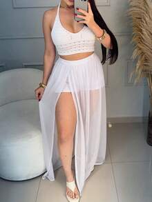 CONJUNTO SAIA DE TULE DE FENDA COM SHORTINHO E TOP CROPPED TRICOT COM REGULAGEM NA ALÇA LOOK ANO NOVO REVEILLON FESTA - Branco - Visão 6