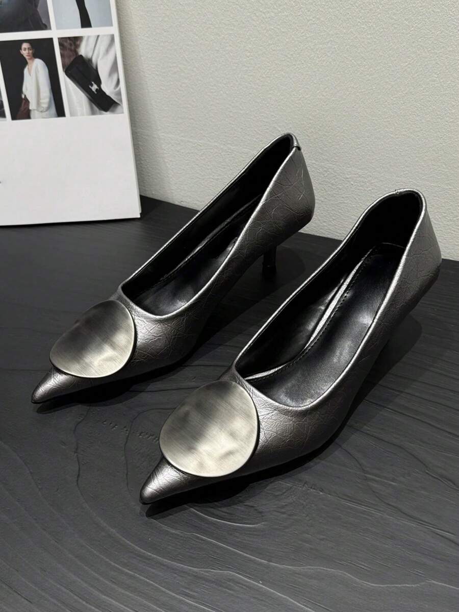 2025 New 5CM Low Heel Shoes, Metal Disc Pointed Toe Thin Heel Pumps, Women's Comfortable Commuting Shoes,Stiletto Heels - Silver - View 1
