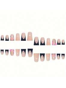 24片鸭嘴/法式长方形美甲贴纸，粉黑双色设计，短款，饰有花朵和水钻图案，专为女性美甲设计。 - 彩色 - 查看 6