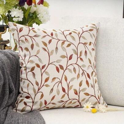 1Pc Classical Jacquard Beige Leaf Pattern Decorative Throw Pillow Cover - 17.7x17.7 Inches, 2D Digital Single-Side Printing, Machine Washable With Zipper, Suitable For Farmhouse, Living Room, Bedroom, Sofa, Porch, Patio, Outdoor Decor, Not Insert Included