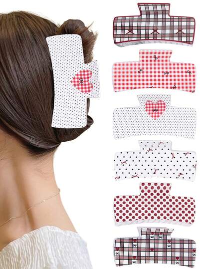 3件套时尚可爱发夹，包括蝴蝶结、格子、爱心、波点印花方形发夹，优雅发髻爪夹，大号鲨鱼齿发夹，适用于马尾辫，用途广泛，适合休闲、派对、节日、生日等场合，是理想的礼物之选。