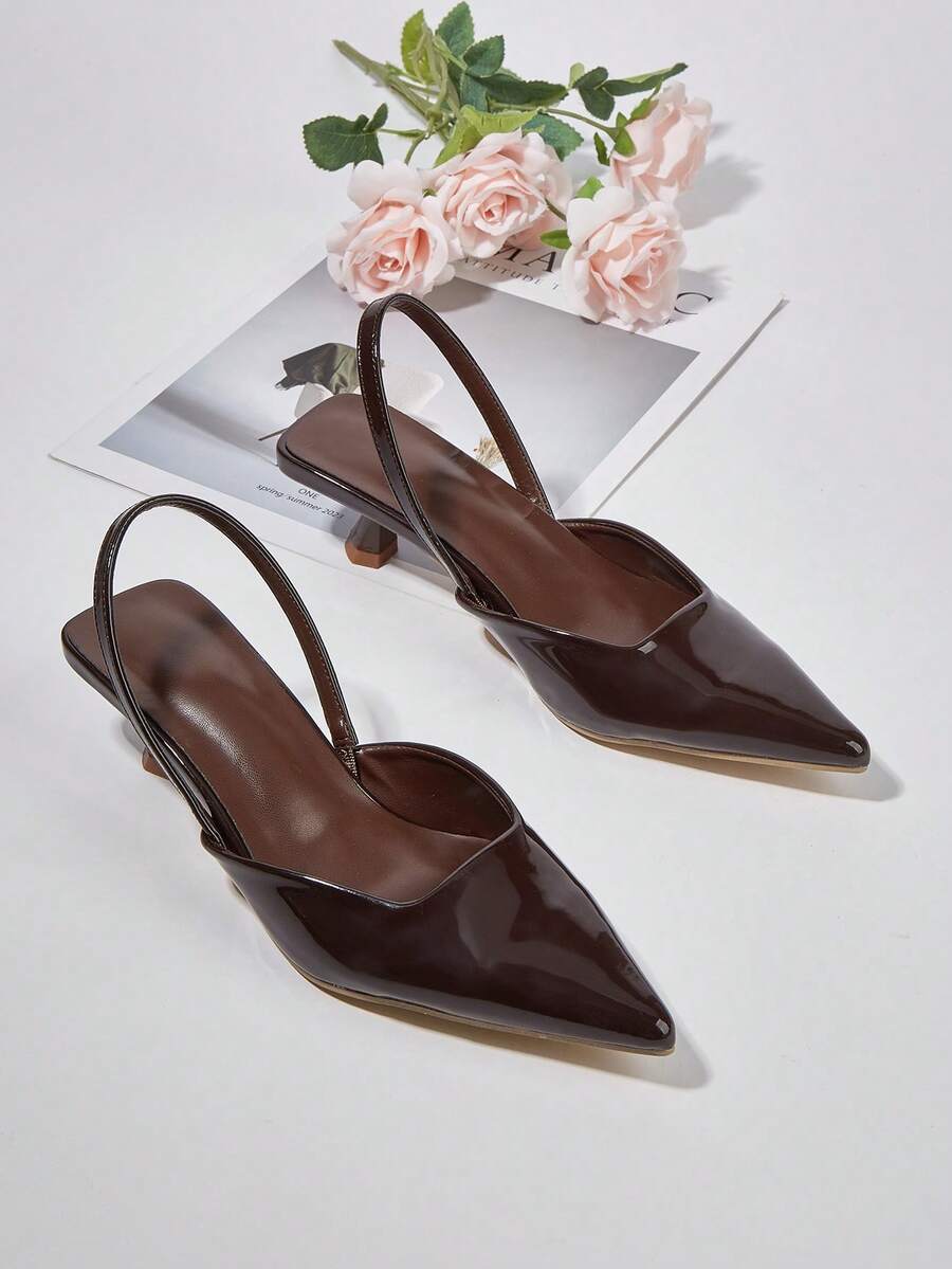 Zapatos de tacón de aguja de piel patentada de unicolor para mujer, elegantes sandalias de tacón alto de punta fina, tacones altos con correa de tobillo de moda, zapatos de vestir para ocasiones formales, bodas y fiestas - Café integral - Ver 1