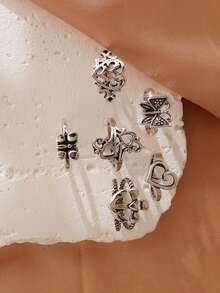 Bộ 6 nhẫn xếp chồng hình bướm, trái tim, thánh giá cổ điển dành cho nữ, trang sức hàng ngày - Màu Bạc Cổ - Xem 4