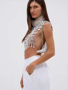 1pc Sparkling Full Crystal Rhinestone Silver-Plated Tassel Sexy Women's Body Chain Bra Top, Mesh Tassel Chest Chain Jewelry Necklace Lingerie, Luxury Crystal Body Jewelry Bikini Bra, Nightclub Shiny Mesh Tassel Rhinestone Bra Chain Pendant Body Chain Accessory, Sexy, Fashionable, High-End Crystal Embellished Chest Chain Top - Silver - View 8