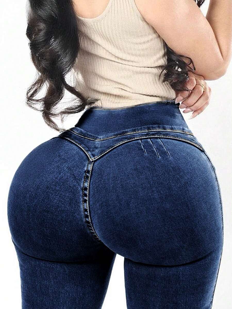 Women's High Waist High Stretch Button Yoga Butt-Lifting Solid Color Casual Date Jeans, Autumn Fashion Pants, Suitable For Halloween And Christmas Parties - Dark Wash - View 1