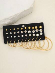 88/56 Simple Fashionable Vintage Metal Geometric Faux Pearl Pendant Necklace Set, Faux Pearl Rhinestone Earring Set, Butterfly Heart Stackable Ring Set, Metal Geometric Bracelet Set, Women Jewelry Set, Suitable For Vacation, Date, Daily, Party, Wedding, Christmas, Valentine's Day - 金黃色 - 查看 6