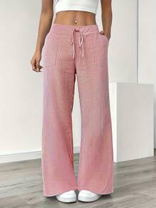 Women's Fashionable Elegant Casual Office Striped Drawstring Pants With Breathable Fabric Suitable For All Seasons - 粉色 - 查看 1