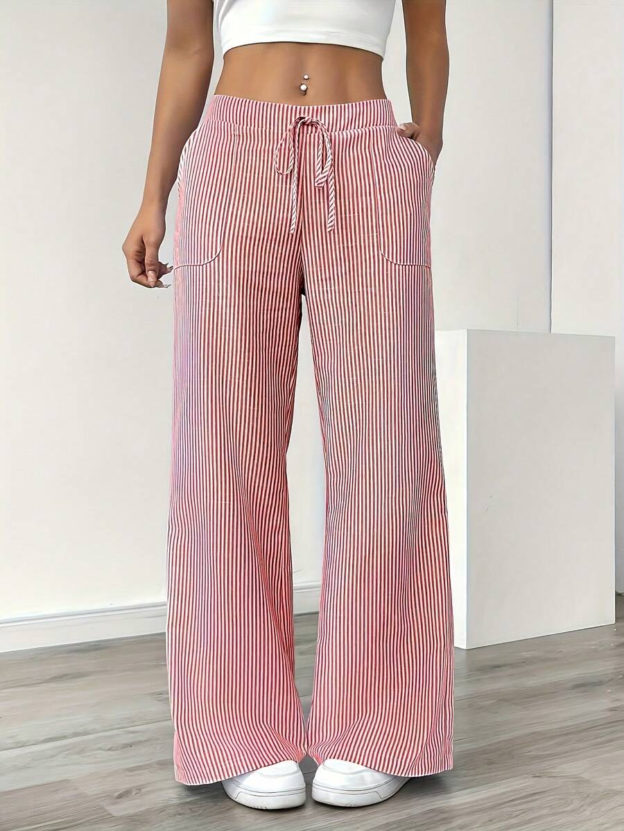 Women's Fashionable Elegant Casual Office Striped Drawstring Pants With Breathable Fabric Suitable For All Seasons - 粉色 - 查看 1