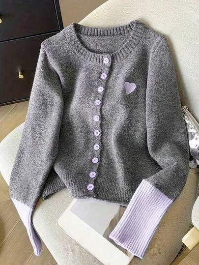 女士极简主义撞色爱心刺绣长袖休闲针织开衫