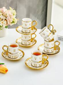 1 Set Gold Color Ceramic Cup & Saucer Set, 6pcs Cups 6pcs Saucers, Coffee Cup Set, Suitable For Cafes, Homes, Ramadan, Holidays, Birthday Gifts - Multicolor - View 8