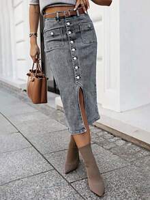 High Waist Denim Skirt, Women Single-Breasted Front Slit Bodycon Stretch Denim Skirt - Light Grey - View 3