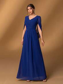 Faeriesty Vestido sofisticado de la madre de la novia con cuello en V y línea A con mangas con capa dramática - Vestimenta formal elegante para bodas, cenas de gala, eventos de etiqueta, bailes benéficos y recepciones formales - azul real - Ver 6