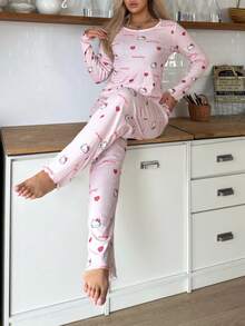Sanrio 2pcs Hello Kitty Valentine's Day Women Printed Crew Neck Long Sleeve Top + Elastic Waist Pants Pajama Sleepwear Set