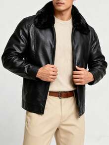 Men's Solid Color Warm Thermal Lined Windproof Waterproof Jacket With Fur Collar, Autumn/Winter