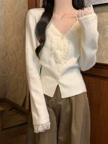 韓国スタイルの純粋な欲望優しいレース V ネック長袖ニットカーディガンカシミヤセーター女性のコート - アプリコット - チェックする 5