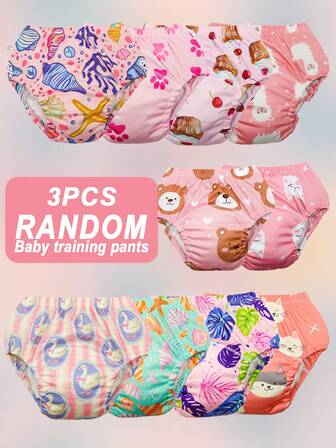 3pcs Random Washable Digital Print Potty Training Pants, Cloth Diaper For Baby Boys & Girls, Reusable Toilet Learning Underwear