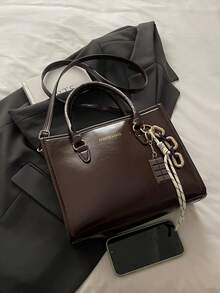 Women's Minimalist Elegant Handbag, Solid Color Fashion Tote Bag, Zipper Closure, Detachable Shoulder Strap, Spacious Interior, High-Quality PU Leather, Durable And Lightweight Outdoor Handbag, Suitable For Carrying In Autumn/Winter, Shoulder And Crossbody, Retro Style, Women's Work Bag, Daily Commute Bag, Suitable For Travel And Shopping, Strolling, With Pendant - Multicolor - View 8
