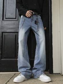 4-Season Men's Stretch Slim Fit Flared Leg Jeans, Y2K American Street Style Denim, Suitable As Gift For Boyfriend/Husband - Blue - View 2