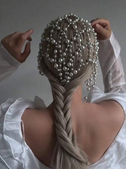 1件网状仙女发链，珍珠装饰头饰，新娘百搭配饰，发藤链