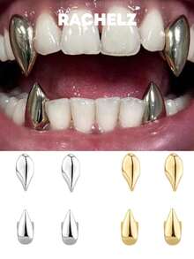 RACHELZ Hip Hop 2PCS/Set Vampire Fangs Glossy Teeth Grillz Braces Punk Top Bottom Smooth Surface Tooth Caps For Women Men Jewelry Halloween Christmas Gift Cosplay Dental Grills - Silver - View 1