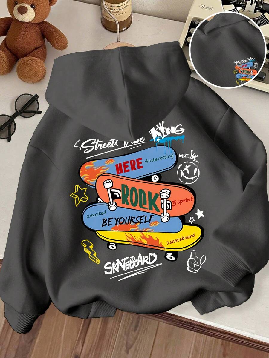 Young Boy Cartoon Pattern Warm Sweatshirt - Dark Grey - View 1