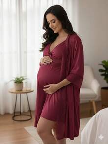 Maternity And Postpartum Nursing Nightgown Kit + Microfiber Robe With Lace. - 酒紅色 - 查看 1