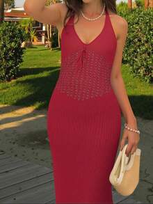 Spring/Summer New Red Hanging Neck Hollow Knitted Burgundy Sweater Sun Dress For Women's Slimming Music Festival Sexy Exposed Back Strap Dresses For Women Summer New Year Valentines