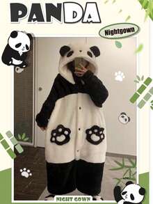 1 Pc Cute Panda Hooded Coral Fleece Jumpsuit For Women, Cozy Winter New Home Wear, Soft & Warm, Long Sleeve Bodysuit With Panda Design, Perfect For Spring & Winter, Warm Cartoon Panda Ears Hooded Sleepwear, Sweet Home Clothes Pyjamas, Suitable For New Year, Valentine's Day, Valentine's Day Gift, Gift For Women