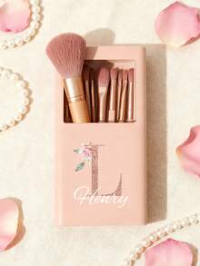 5 pièces/set Ensemble de pinceaux de maquillage portable personnalisable avec miroir, lettres de A à Z, imprimé avec un motif floral simple, ensemble de pinceaux de maquillage en boîte, pinceau de maquillage multifonction avec boîte à miroir, mini stylo de maquillage multifonction, pinceau de fond de teint - multicolore - Voir 5