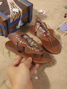 Girls' Fashion Slippers, New Summer Design With Embroidered Butterfly, Stylish, Generous, Lightweight And Flat - Brown - View 3