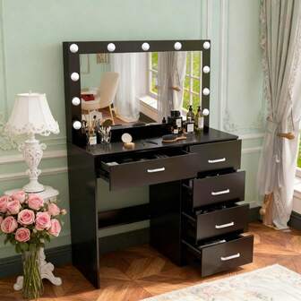 Tocador con espejo de 11 LED, mesa de maquillaje, tocador y cómoda de 5 cajones, color negro - Perfect For Organizing Makeup, Skincare, Elegant Vanity|Decorative Vanity, Vanity Furniture, Compact For Small Space, Bedroom Decor Gift, Perfect Gift For Women Girls