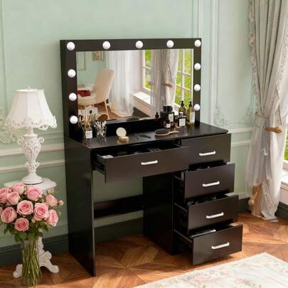Tocador con espejo de 11 LED, mesa de maquillaje, tocador y cómoda de 5 cajones, color negro - Perfect For Organizing Makeup, Skincare, Elegant Vanity|Decorative Vanity, Vanity Furniture, Compact For Small Space, Bedroom Decor Gift, Perfect Gift For Women Girls