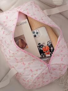 Fashionable Travel Fitness Tote Bag Gym Bag Large Capacity Yoga Bag Quilted Floral&Bow Handbag Multifunctional Duffel Bag Weekender Overnight Sports Bag Travel Business Trip Luggage Handbag Weekend Commute Handbag Handbag For Travel Daily Lift ,Outing ,Work - 粉色 - 查看 4