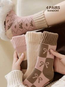 2/4双装女士可爱甜美粉色蝴蝶结图案加厚保暖中筒袜，圣诞礼物，加厚柔软保暖舒适冬季袜，可作睡袜、地板袜，防寒保暖，颜色随机，适合日常穿着和外出，秋冬季节适用。 - 彩色 - 查看 11