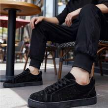 Men's Shiny Diamond Decor Low-Top Round Toe Breathable Stylish High-End Casual Leather Shoes, Non-Slip Red Bottom, Versatile Personalized Sneakers Suitable For Youths, Stage, Party, Outdoor, Travel - Black - View 3
