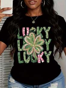 Lucky Lucky Lucky Shamrock St Patrick's Day T-Shirt Women's White Graphic Tee Festive Clover Design For Saint Patrick's Day Celebration - màu đen - Xem 2