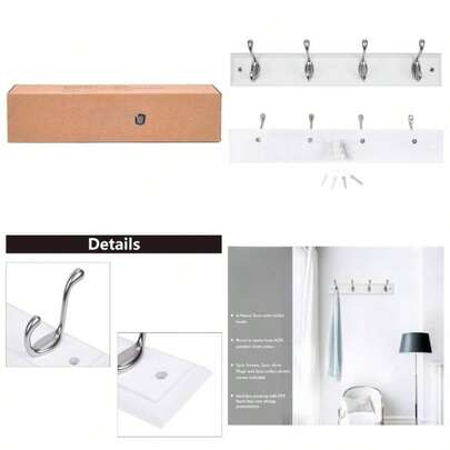 4 - Satin Nickel Hooks On White Wooden Board Wall Mounted Coat Hook Rack Hanger