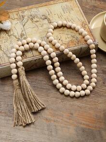 A Wooden Beaded Wreath With Jute Tassels, A Bohemian Style, Rustic Farmhouse Decor, A Handcrafted Home Decor Accessory For Holiday Dining Tables And Living Rooms. - Beige - View 8
