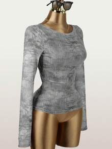 Fall Sexy Brown Top Long Sleeve Mesh Animal Print Flowy Tops Vacation Going Out Outfit For Women - Grey - View 3